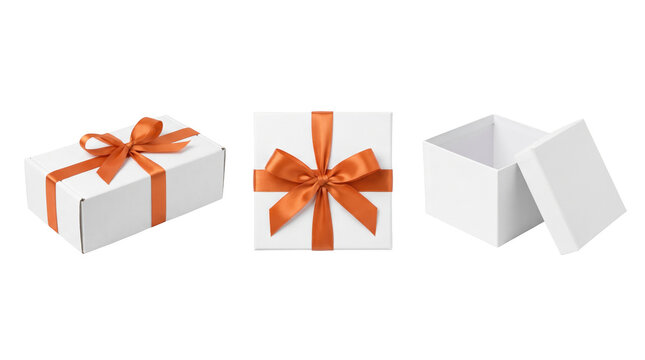 Set of 3 isolated white gift boxes wrapped with orange ribbons elements, holiday present