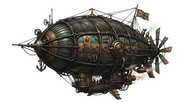 Detailed steampunk airship illustration featuring intricate mechanical gears and vintage design elements on a white background