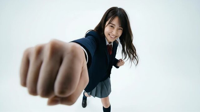 白背景でハイアングルから撮影したブレザー姿の女子生徒がカメラに向かってパンチを放つ