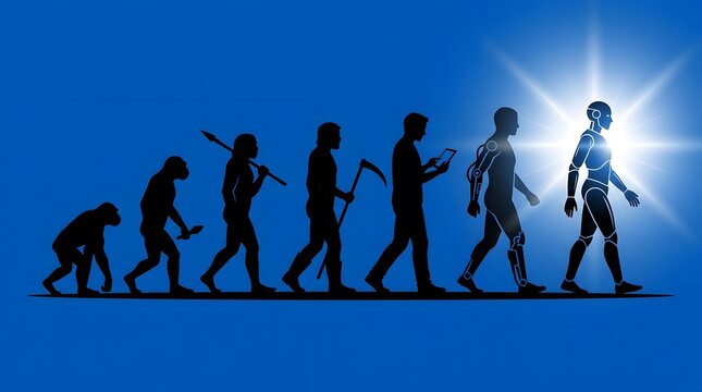 Conceptual illustration showing human evolution progressing from primitive ancestors into a glowing futuristic artificial intelligence robot