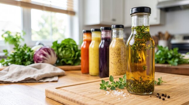 Glass bottles filled with colorful salad dressings and herb infused oil standing on a wooden cutting board in a bright kitchen with fresh vegetables and herbs in the background