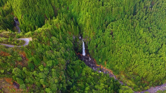 Above Cascata das Lombadas Waterfalls Cascading Through A Dense Forested Valley On S&atilde;o Miguel Island In The Azores, Portugal. Aerial Shot