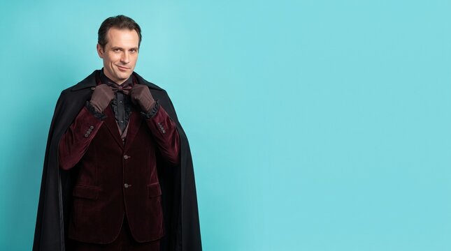 Elegant man in a gothic vampire costume featuring a maroon velvet suit and black cape adjusting his bow tie against a blue background