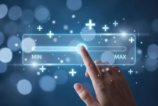Finger touching digital slider interface to increase settings on a futuristic blue display