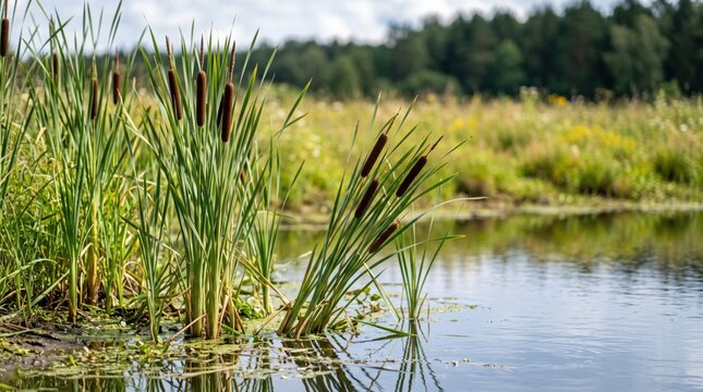 Green cattail plants with brown cylindrical seed heads growing along a calm riverbank with a blurred forest background under a bright summer sky