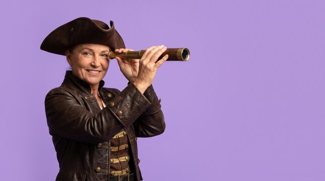 Smiling mature woman in a vintage pirate costume and tricorne hat holding a brass spyglass against a purple studio background