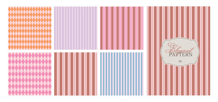 Vintage vertical striped and diamond seamless pattern set. Retro argyle textures for bakery and fabric designs. Italian style patterns with strips