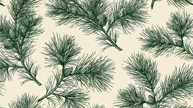 Seamless pattern of pine tree branches and cones on a light beige background. the branches are drawn in a sketch-like style, with thin, pointed needles and small cones scattered throughout.