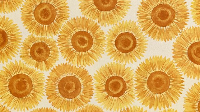 Seamless pattern of yellow sunflowers on a white background. the flowers are arranged in a repeating pattern, with each flower having a unique shape and size.
