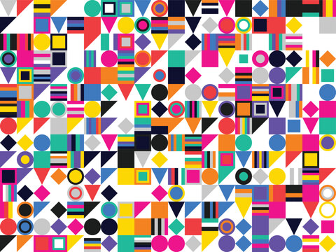 Abstract composition featuring diverse geometric figures and vibrant primary colors for professional corporate brand identity.