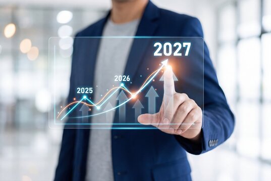 Businessman touching digital growth chart for 2027 business strategy and financial planning