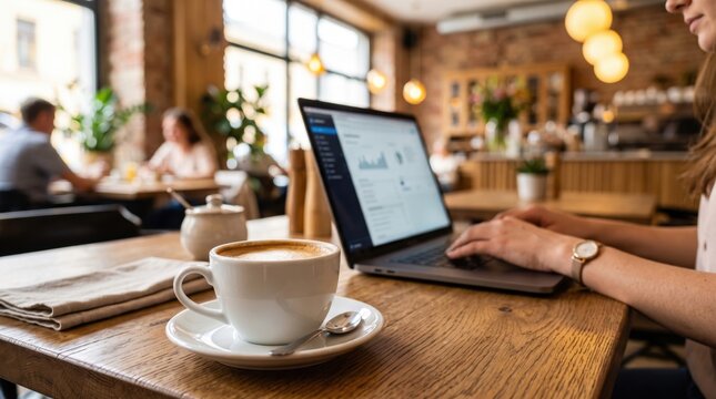 Person working on a laptop with a white ceramic coffee cup on a wooden table in a blurred cafe setting with brick walls and warm lighting