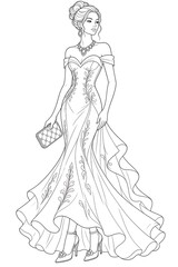 Fototapeta premium Elegant Woman in Ruffled Evening Gown Coloring Page