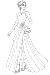 Fototapeta premium Elegant Woman in Flowing Evening Dress with Handbag Coloring Page
