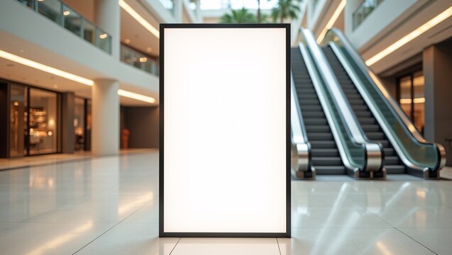 Blank glowing vertical lightbox sign, modern shopping mall interior, twin escalators, multi‑story atrium, glossy tiled floor, warm strip lighting, empty white display screen.