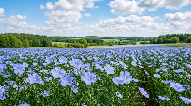 Vibrant blue flax flowers blooming in a vast agricultural field under a bright sunny sky with fluffy white clouds and distant green forest hills