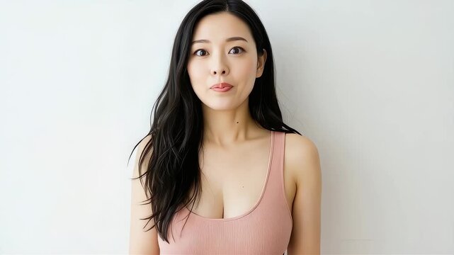 ピンクのタンクトップ姿の女性が驚いて手で口を覆う表情の変化