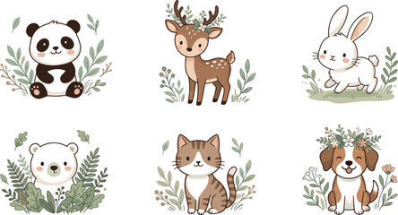 Fototapeta premium Cute watercolor style baby animals vector set with panda deer rabbit bear cat and dog sitting in leaves for nursery wall art print design