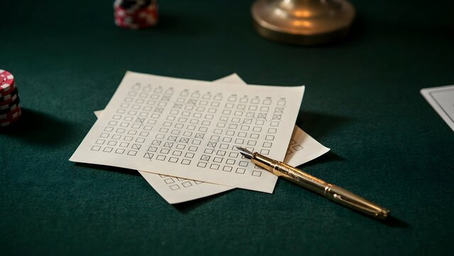 Poker game setup with blank check sheets, poker chips, and a pen on green table