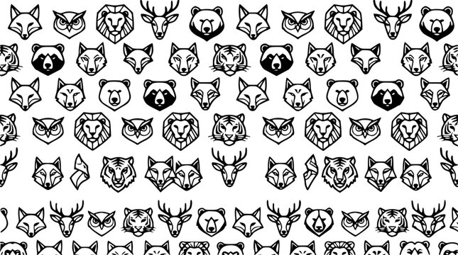 Animal heads set with repeating pattern featuring owl, fox, deer, bear, tiger with lion and wolf