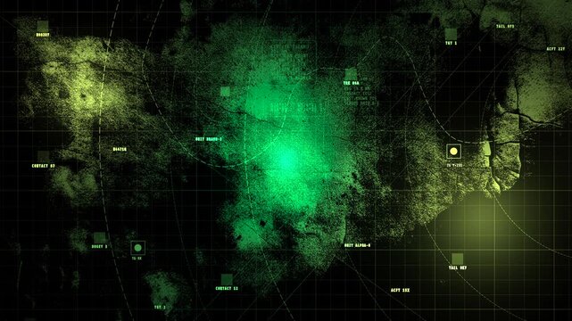 A green tactical radar HUD interface displaying sonar sweeps, coordinates, and tracking data for military, coast guard, and surveillance sequences