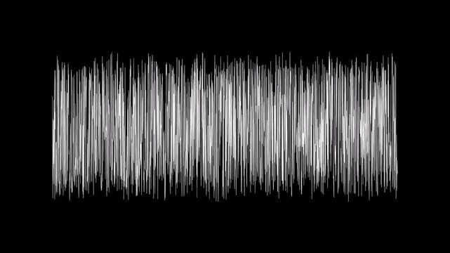 A monochrome white noise waveform animating across a dark background representing audio spectrum frequency, sound synthesis, and digital signal processing.
