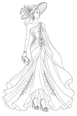 Fototapeta premium Elegant Woman in Flowing Formal Gown and Wide Brim Hat Coloring Page