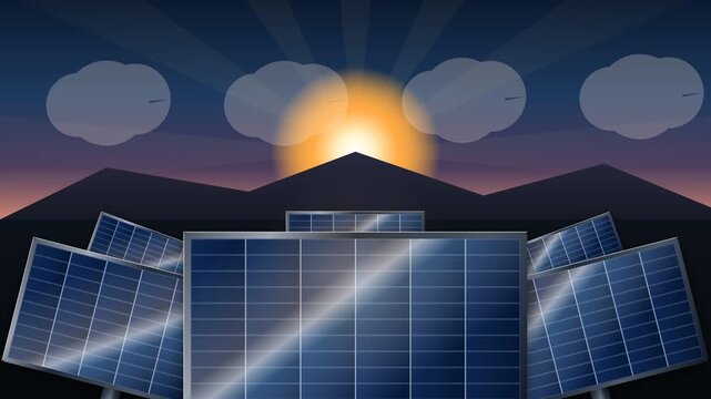 Landscape featuring photovoltaic solar panel arrays harvesting sustainable renewable energy from sunrise sunlight across a mountain horizon