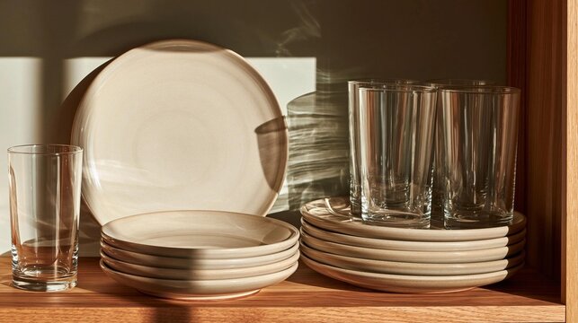 Wooden shelf with a stack of plates and glasses on it. on the left side of the shelf, there is a large white plate with a smooth surface and a small bowl in the center.