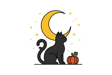 Fototapeta premium Black cat sitting with a pumpkin and a yellow crescent moon icon