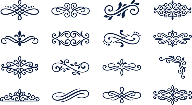 Elegant blue calligraphic flourish dividers and decorative page ornament scroll set.