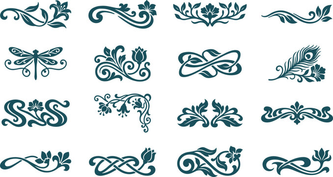 Classic art nouveau floral borders and dark teal flourish decorative scroll elements.