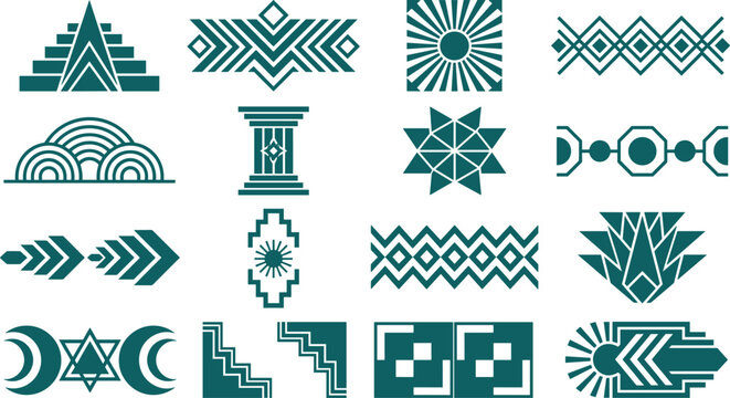 Teal green geometric art deco patterns and abstract ethnic design element collection.