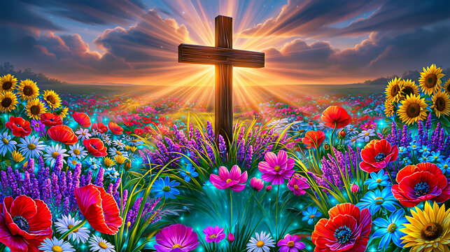 Christian cross glowing in heavenly sunlight above a vibrant field of colorful flowers with rainbow and dramatic clouds, symbolizing faith, hope and resurrection