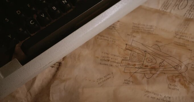 Staged pan across worn archival papers revealing drawings presented as government declassified UFO details and confidential investigation records.