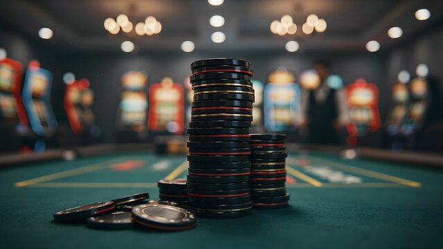 Tall stack of casino chips on green gambling table with slot machines blurred in background