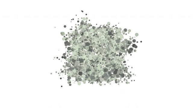 Rotating cloud-like sphere formation of organic gray bubbles on white background for data visualization