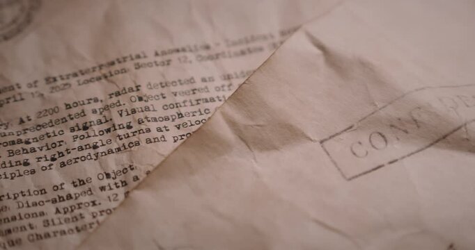 Staged close-up revealing aged typewritten papers presented as confidential government UFO documents released from a declassified archive.