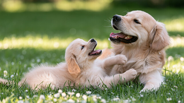 Golden retriever puppy playing affectionately with an adult dog on green grass, happy family pets bonding outdoors in a sunny park