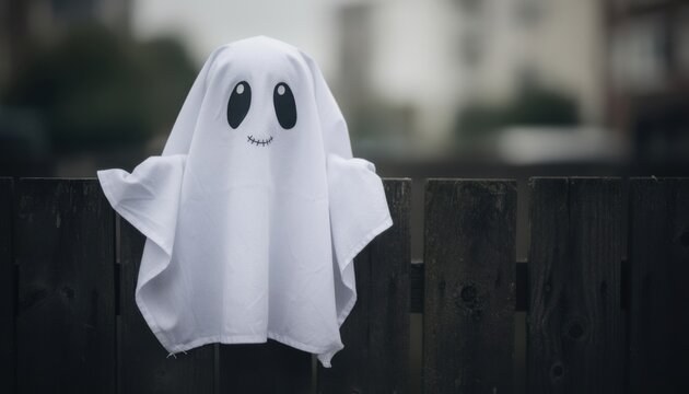 Cute Ghost Costume: A playful ghost costume, made from a simple white sheet with expressive cartoon eyes and a smiling mouth, peeks over a wooden fence, exuding innocent charm and holiday spirit.