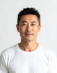Fototapeta premium 白背景で撮影された40代アジア人男性のポートレート｜自然光・上半身・ミニマル