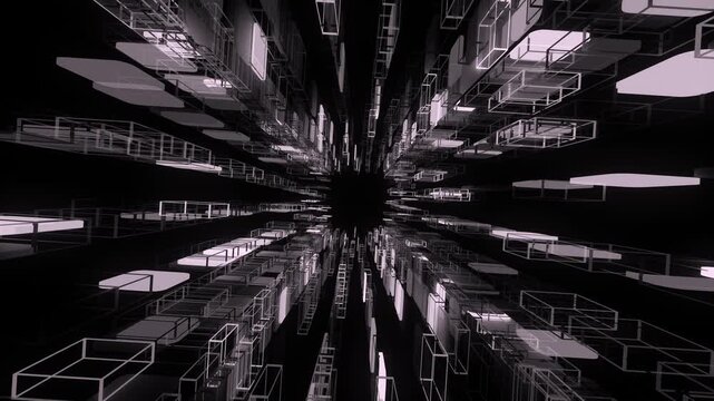 Monochrome wireframe corridor sequence representing data center server infrastructure and cyber security.
