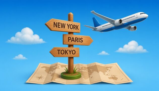 Wooden signpost pointing towards New York Paris and Tokyo with a flying airplane over a vintage world map background illustration