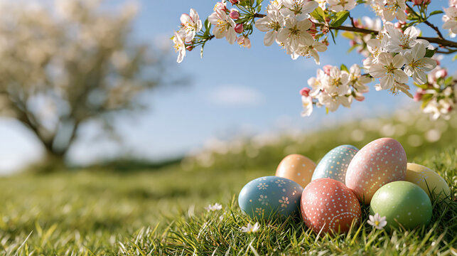 Colorful decorated Easter eggs in fresh green grass beneath blooming spring branches, cheerful Easter holiday background with copy space