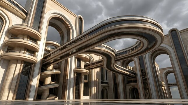 Futuristic architectural design with curved skywalks and modern stone arches.