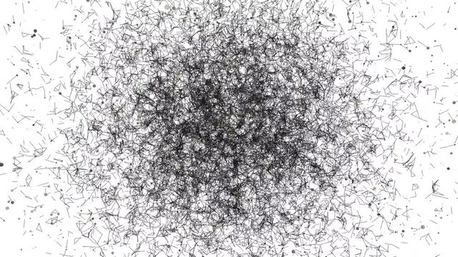Complex node cluster animation on white background symbolizing neural network and artificial intelligence connection.