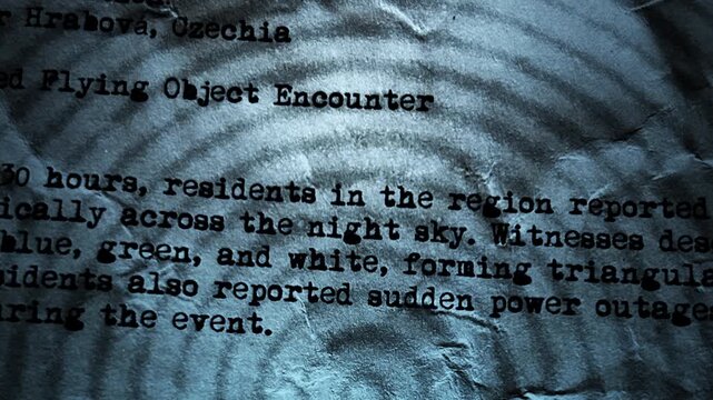 Slow camera push on a weathered typewritten document detailing a UFO encounter testimony for investigative research.