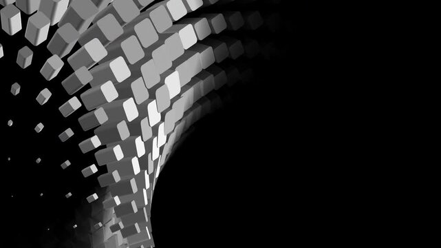 A clean monochromatic animation featuring a rotating curved array of 3D grey cubes on a black background, offering ample copy space for tech media.
