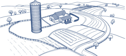Obraz premium Farm Rural Landscape Line Art Illustration of a Farmhouse Silo and Fields with Winding Roads for Agricultural Planning