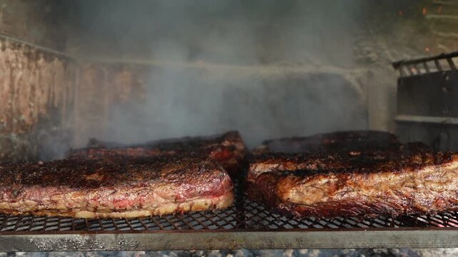 Argentine beef steaks smoking on wood fire parrilla grill close up side view &mdash; 4K